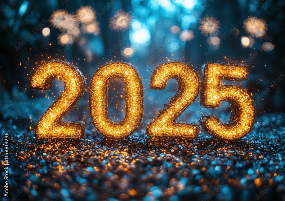 2025 New Year's Written in Fireworks Sparklers Confetti Party Celebration Festive Background Image Digital Illustration 2025 New Year's Written in Fireworks Sparklers Confetti Party Celebration Festive Background Image Digital Illustration