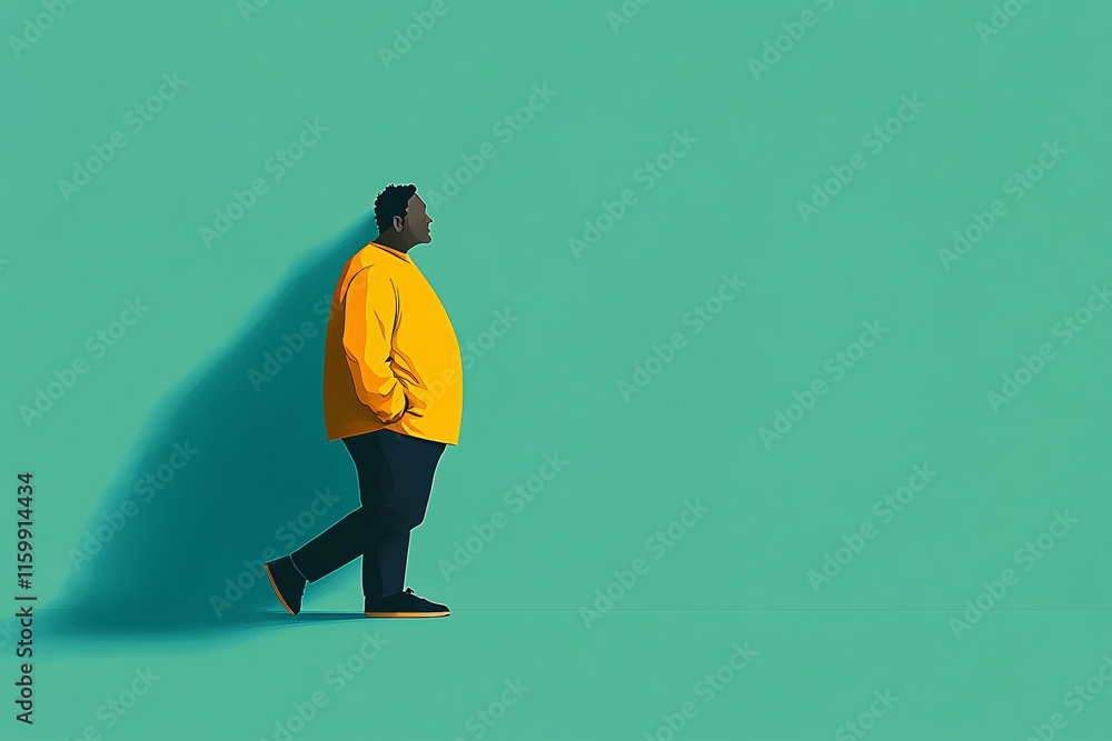 A minimalist illustration of a thoughtful, overweight man walking against a mint green backdrop, ideal for health-related campaigns or wellness programs. A minimalist illustration of a thoughtful, overweight man walking against a mint green backdrop, ideal for health-related campaigns or wellness programs.