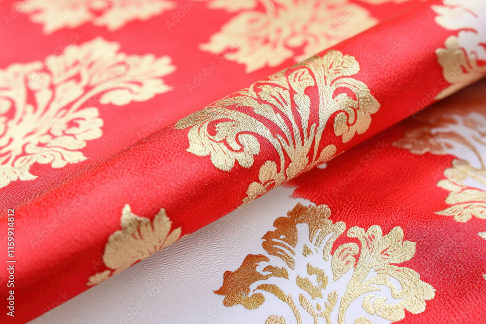 Red and gold damask fabric with elegant floral patterns Red and gold damask fabric with elegant floral patterns