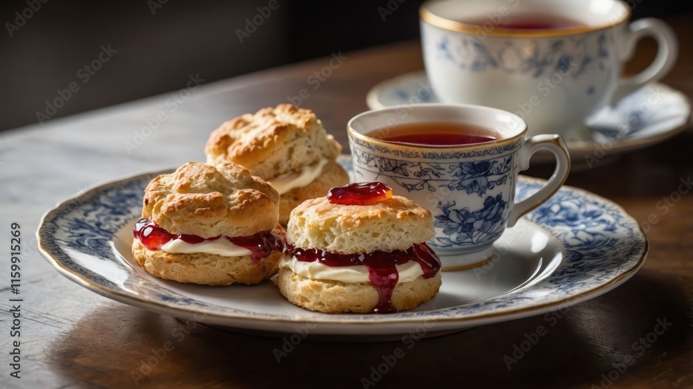 A plate of scones with jam and cream, accompanied by a cup of tea. A plate of scones with jam and cream, accompanied by a cup of tea.
