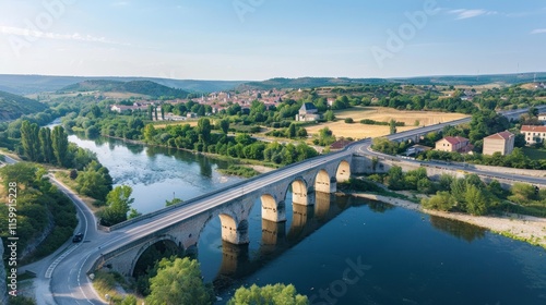 River crosses under old stone bridge, rural town in background.