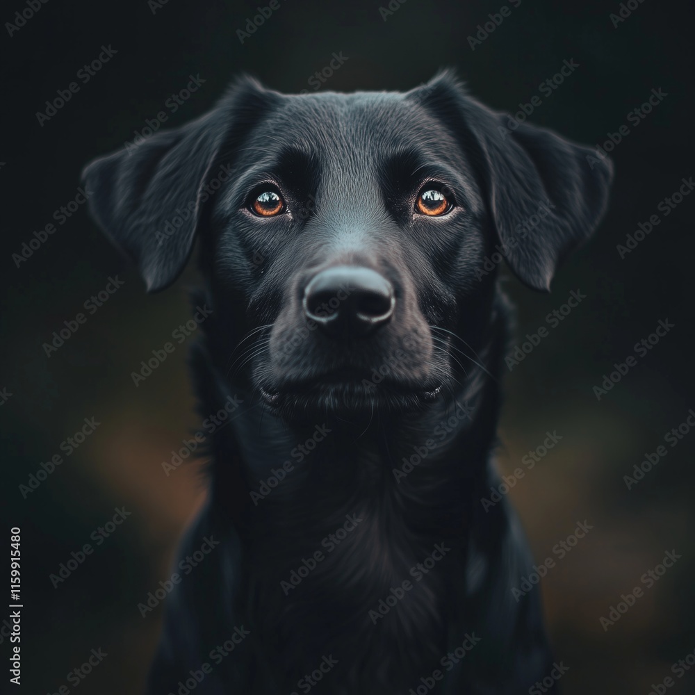 Portrait of black labrador retriever with intense gaze in dark setting Portrait of black labrador retriever with intense gaze in dark setting