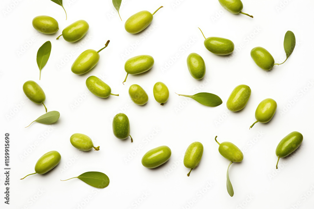 Flying delicious green olives on white background Flying delicious green olives on white background
