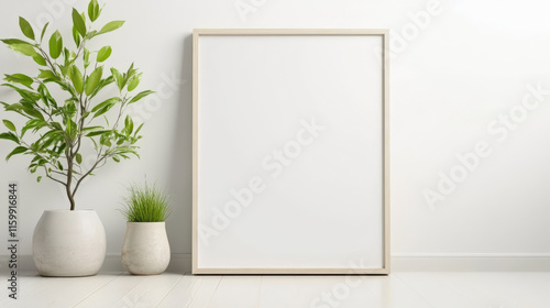 Contemporary minimalistic decor with blank frame, green plants in white pots, perfect for modern home interior design inspiration.
