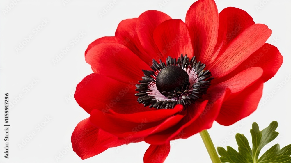 A close-up of a bright red anemone with its elegant, ruffled petals and vivid color, isolated white background A close-up of a bright red anemone with its elegant, ruffled petals and vivid color, isolated white background
