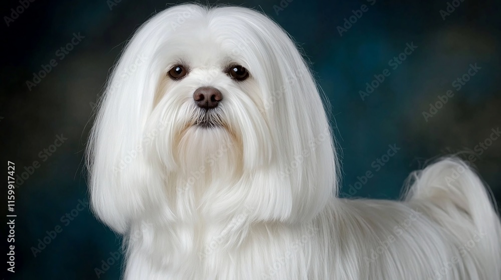 Maltese dog with long white fur poses. Maltese dog with long white fur poses.