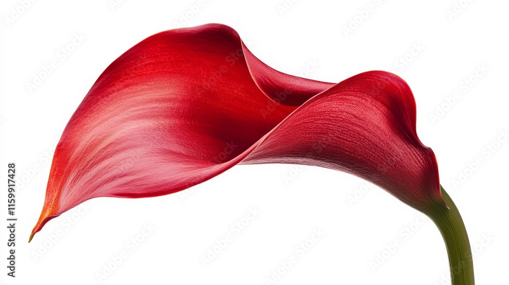 Fototapeta premium A close-up of a bright red calla lily with its sleek, elegant petals and vivid color, isolated white background