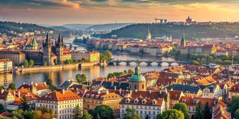 Naklejka premium Stunning Minimalist View of Prague: Charles Bridge, Vltava River, and Prague Castle from Petrin Hill Tower in the Czech Republic