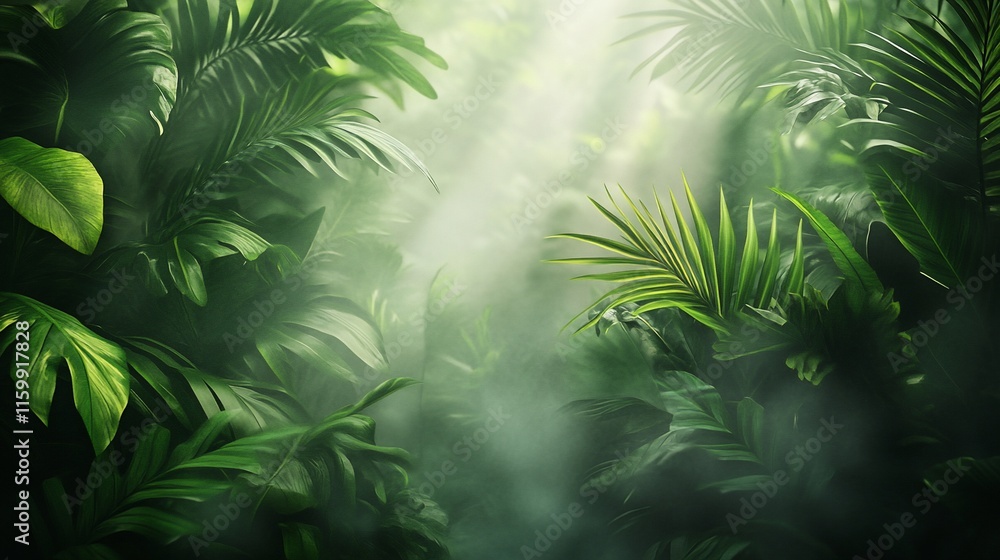 Naklejka premium Lush green jungle with mist and sunlight.