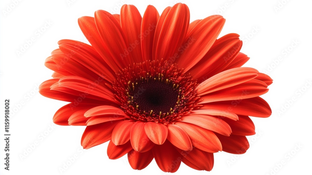 A close-up of a bright red gerbera daisy with its vibrant, elongated petals and bold color, isolated white background A close-up of a bright red gerbera daisy with its vibrant, elongated petals and bold color, isolated white background