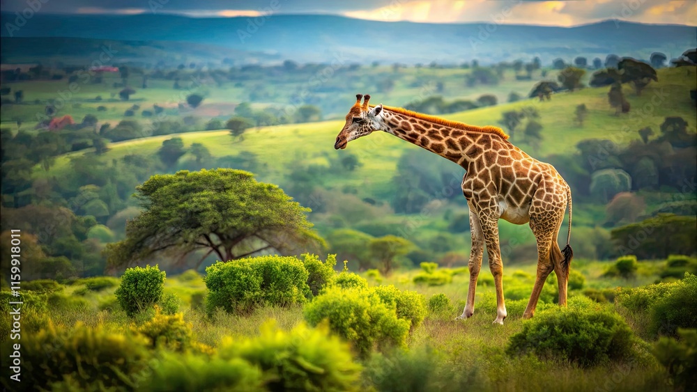 Obraz premium Tilt-Shift Photography of South African Giraffe Grazing in the Wild with Lush Greenery and Scenic Background for Nature and Wildlife Enthusiasts