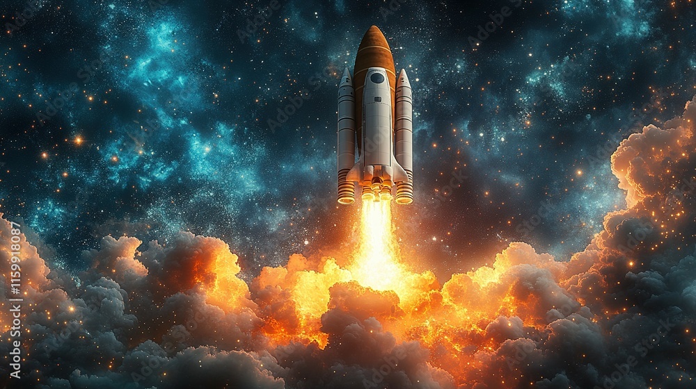 Spacecraft Ascending Through Fiery Clouds Into Starry Night Spacecraft Ascending Through Fiery Clouds Into Starry Night