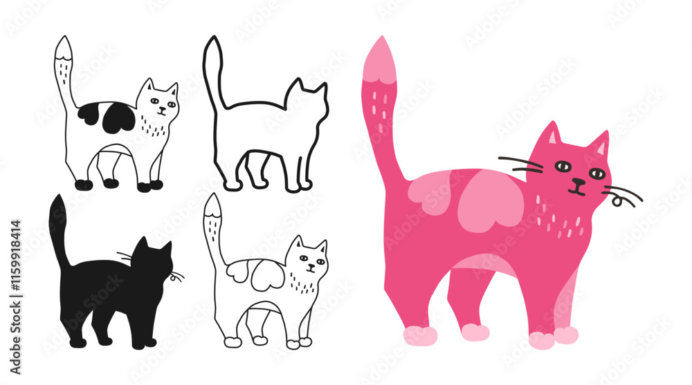 Cat symbol cartoon set. Abstract hand drawn comic kitten linear icon. Pet animal collection sign for infographic, website app. Simple sign doodle or silhouette funny cats. Vector isolated illustration Cat symbol cartoon set. Abstract hand drawn comic kitten linear icon. Pet animal collection sign for infographic, website app. Simple sign doodle or silhouette funny cats. Vector isolated illustration