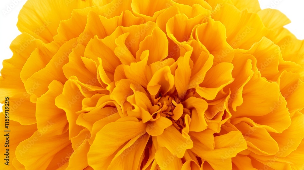 A close-up of a bright yellow marigold with its densely packed, ruffled petals and vivid color, isolated white background