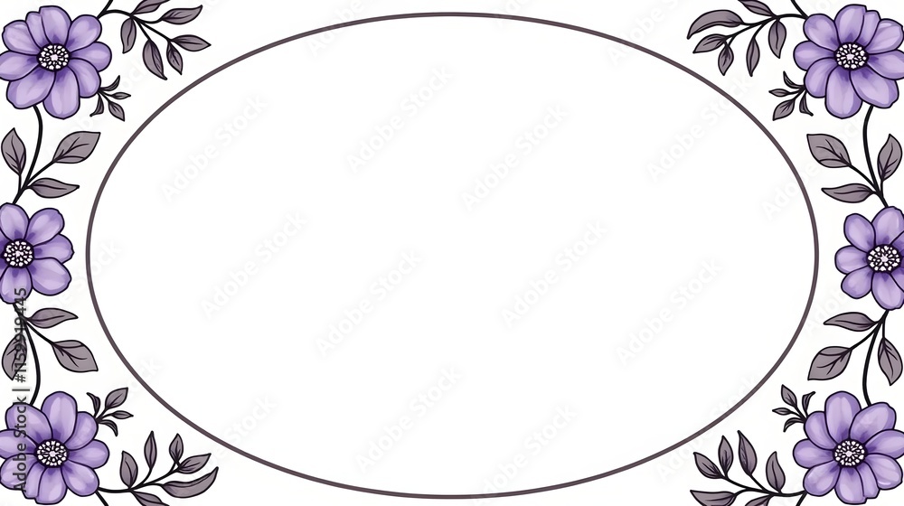 Round frame with purple flowers and leaves template Round frame with purple flowers and leaves template