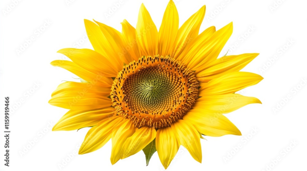 A close-up of a bright yellow sunflower with its large, round center and vivid petals, isolated white background A close-up of a bright yellow sunflower with its large, round center and vivid petals, isolated white background