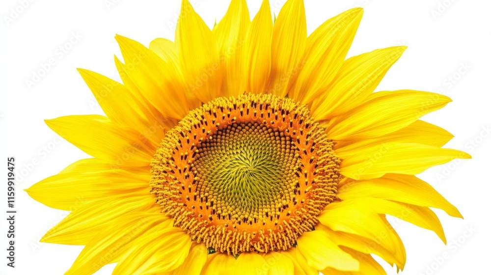 A close-up of a bright yellow sunflower with its large, round center and vivid petals, isolated white background A close-up of a bright yellow sunflower with its large, round center and vivid petals, isolated white background