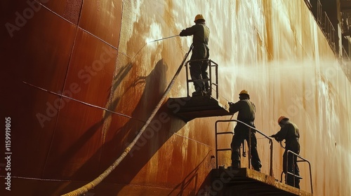 Painters applying anti-corrosion coatings to a ship's hull using advanced spraying equipment 