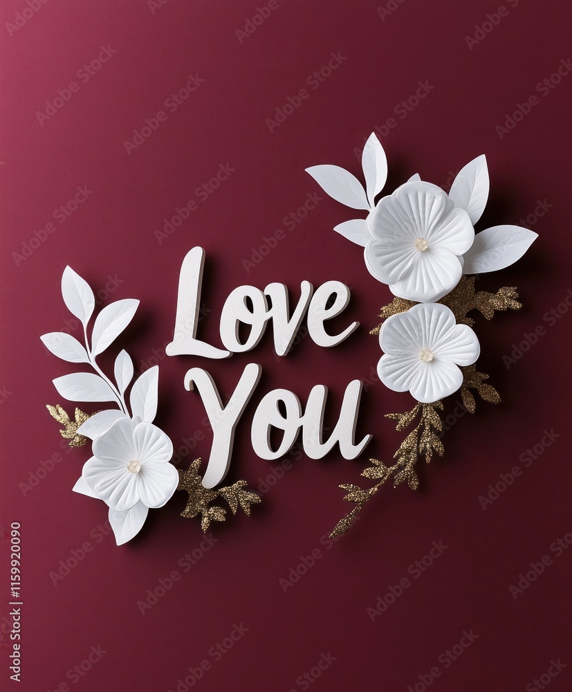 Obraz premium White floral 'Love You' design on a burgundy background with golden accents