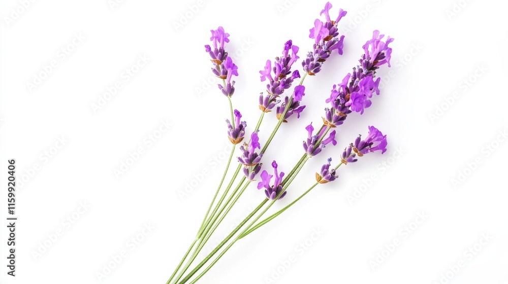Obraz premium A close-up of a cluster of purple lavender flowers, isolated white background, minimalistic art style