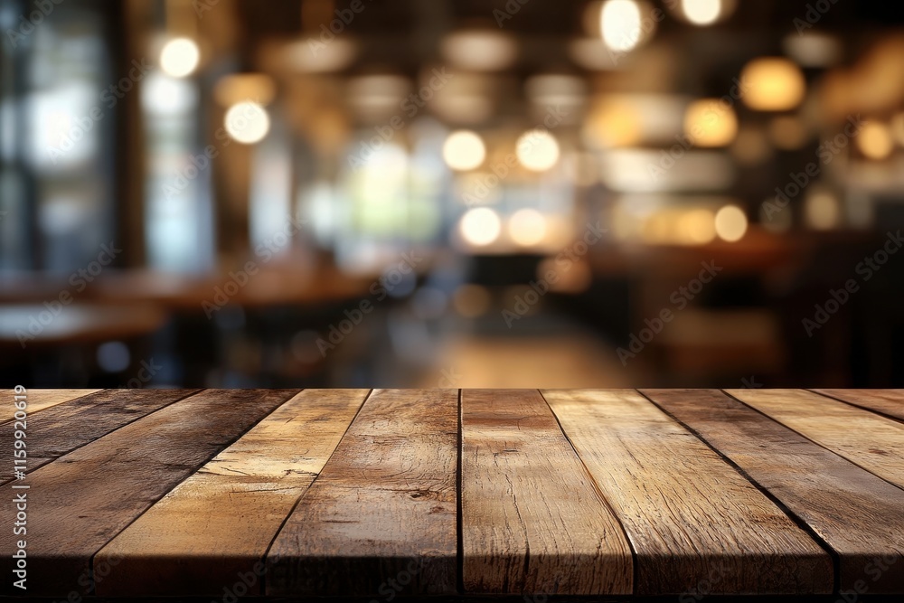 Rustic wooden table in blurred cafe background. (5) Rustic wooden table in blurred cafe background. (5)