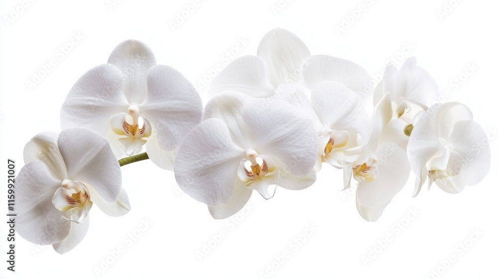 A close-up of a cluster of white orchid flowers with their exotic shapes, isolated white background, minimalistic art style