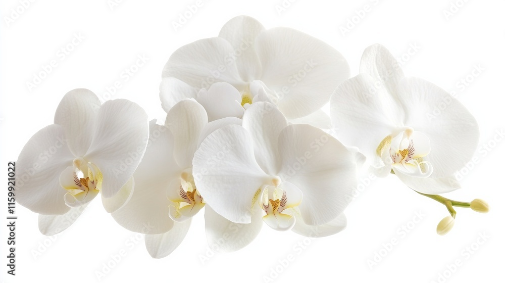 A close-up of a cluster of white orchid flowers with their exotic shapes, isolated white background, minimalistic art style A close-up of a cluster of white orchid flowers with their exotic shapes, isolated white background, minimalistic art style
