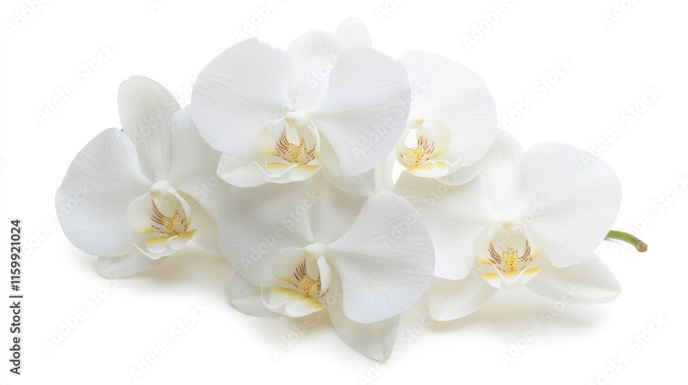 A close-up of a cluster of white orchid flowers with their exotic shapes, isolated white background, minimalistic art style A close-up of a cluster of white orchid flowers with their exotic shapes, isolated white background, minimalistic art style