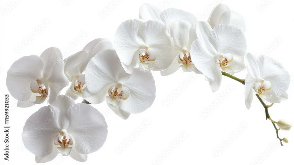 Obraz premium A close-up of a cluster of white orchid flowers with their exotic shapes, isolated white background, minimalistic art style