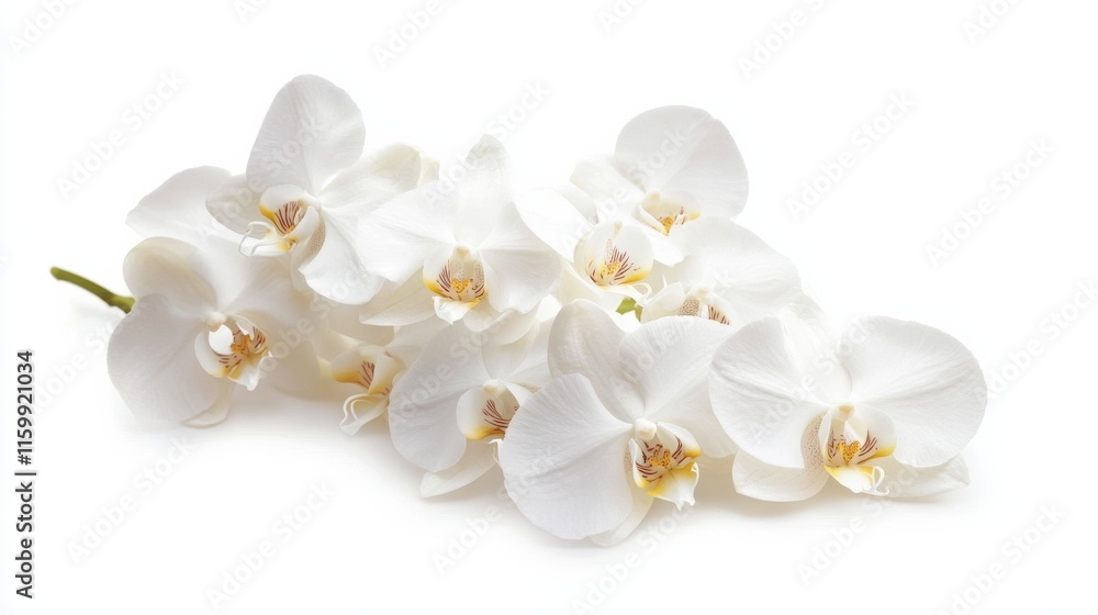 Obraz premium A close-up of a cluster of white orchid flowers with their exotic shapes, isolated white background, minimalistic art style