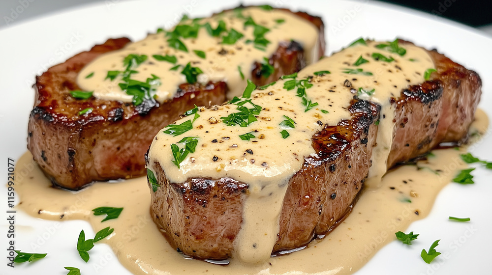 Delicious steak in a white plate with sauce Delicious steak in a white plate with sauce
