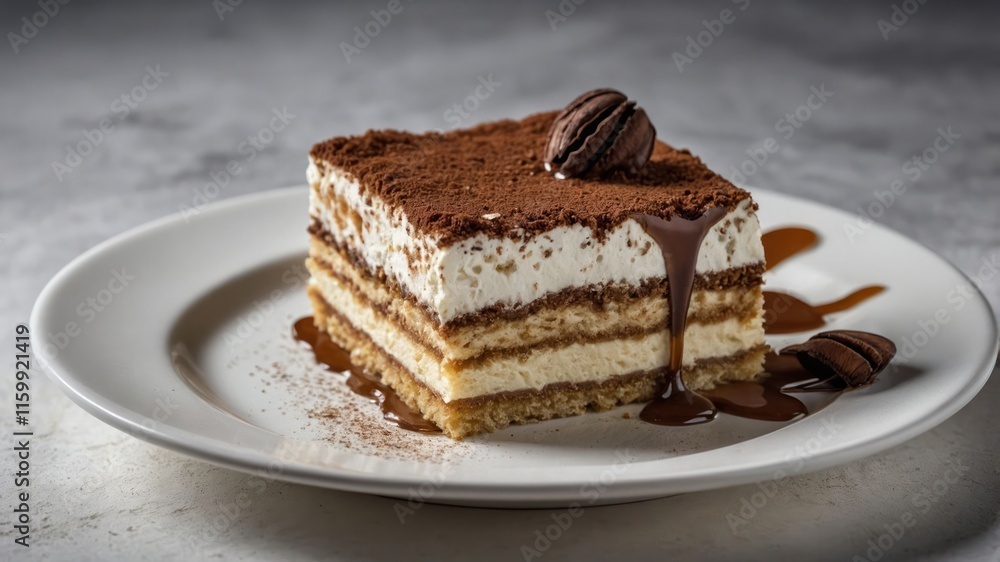 A delicious slice of tiramisu topped with cocoa powder and a chocolate treat on a plate. A delicious slice of tiramisu topped with cocoa powder and a chocolate treat on a plate.