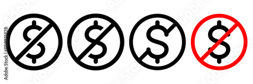 No money icon set. No extra charge symbol. no additional charges logo. No money or extra charge icons, circle, black, line, flat vector, isolated illustration.