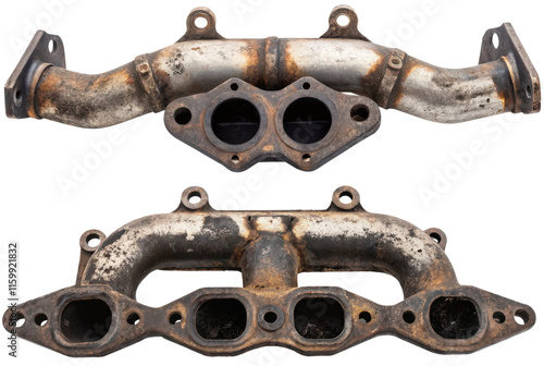 Two rusty exhaust manifolds isolated with transparent background photo