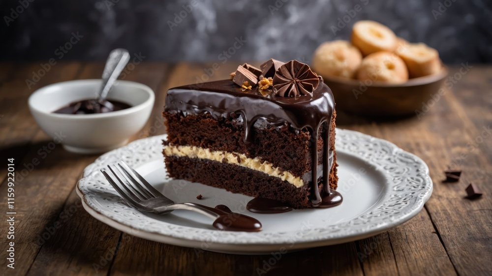 A slice of decadent chocolate cake drizzled with sauce, served on a decorative plate. A slice of decadent chocolate cake drizzled with sauce, served on a decorative plate.