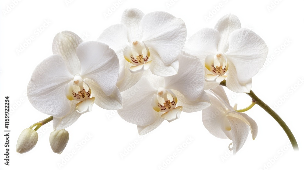 Fototapeta premium A close-up of a delicate white orchid with its intricate, smooth petals and subtle color, isolated white background