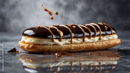 A delectable ?clair topped with chocolate and caramel drizzle, showcasing its creamy filling. photo