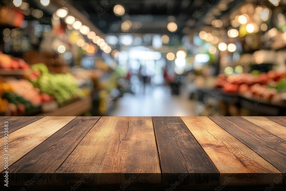 Wooden table top with blurred supermarket background. Wooden table top with blurred supermarket background.