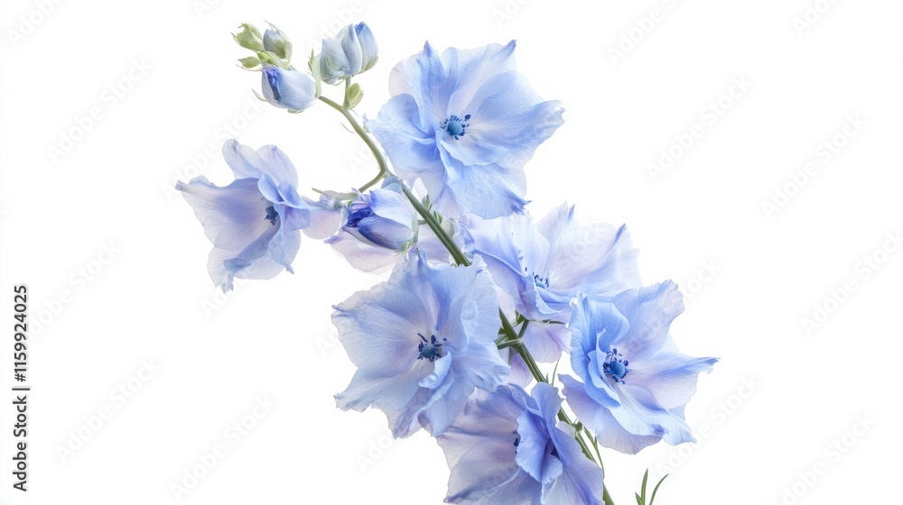 A close-up of a soft blue delphinium with its tall, delicate blooms and gentle color, isolated white background A close-up of a soft blue delphinium with its tall, delicate blooms and gentle color, isolated white background