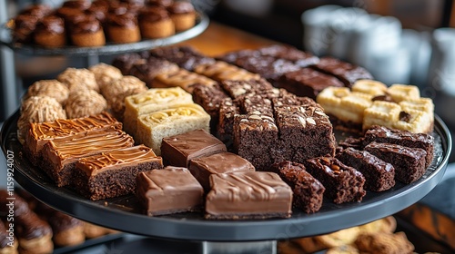 Delicious assortment of chocolate brownies, cookies, and pastries on a tiered display.