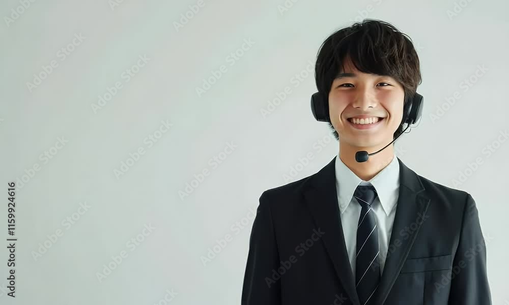 japan male call center agent wearing microphone headset standing on white background with copy space japan male call center agent wearing microphone headset standing on white background with copy space