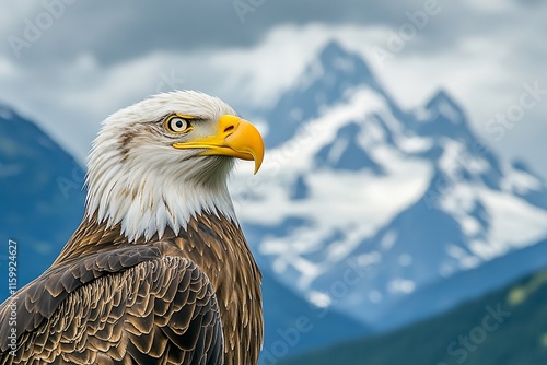 Eagle portrait with snowy mountain background.