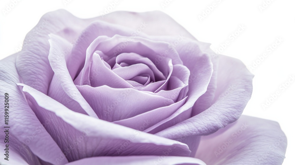 Obraz premium A close-up of a soft lavender rose with its velvety, smooth petals and gentle color, isolated white background