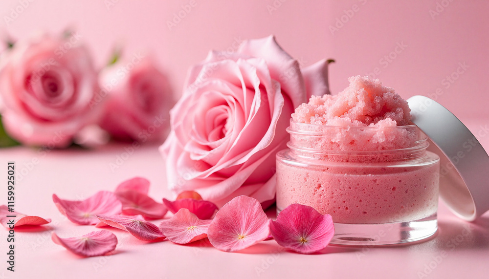Pink rose and scrub jar with petals on soft pink background Pink rose and scrub jar with petals on soft pink background