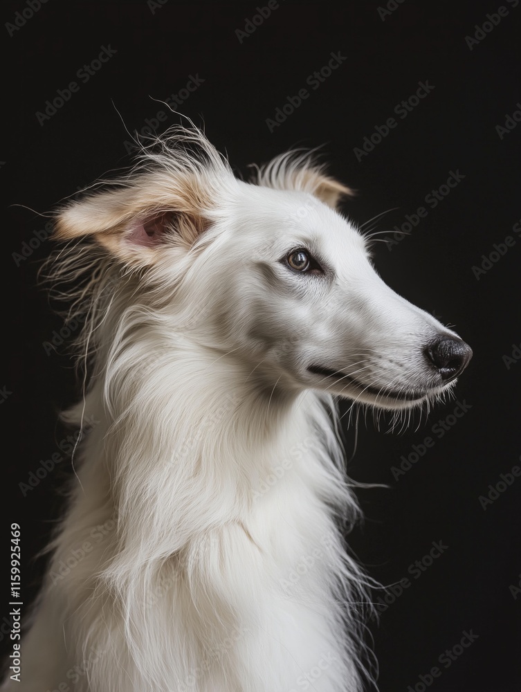 Fototapeta premium Elegant white dog with long fur against black background
