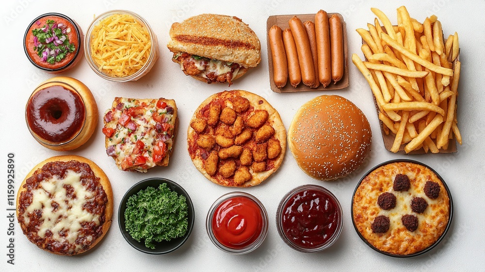 Assorted fast food items including burgers, fries, pizza, hot dogs, and various sauces displayed on a white background. Assorted fast food items including burgers, fries, pizza, hot dogs, and various sauces displayed on a white background.