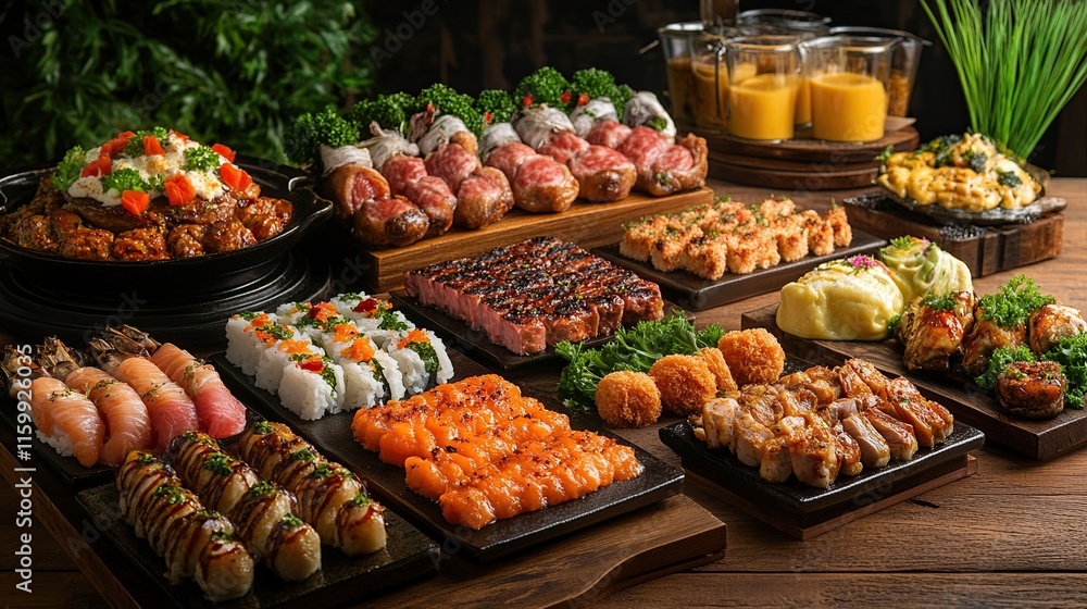 Abundant buffet table showcasing a variety of delicious sushi, grilled meats, and other gourmet dishes. Abundant buffet table showcasing a variety of delicious sushi, grilled meats, and other gourmet dishes.