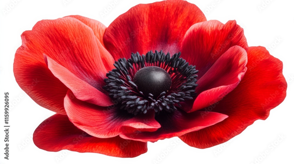 A close-up of a striking red anemone with its velvety petals and dark center, isolated white background, minimalistic art style A close-up of a striking red anemone with its velvety petals and dark center, isolated white background, minimalistic art style
