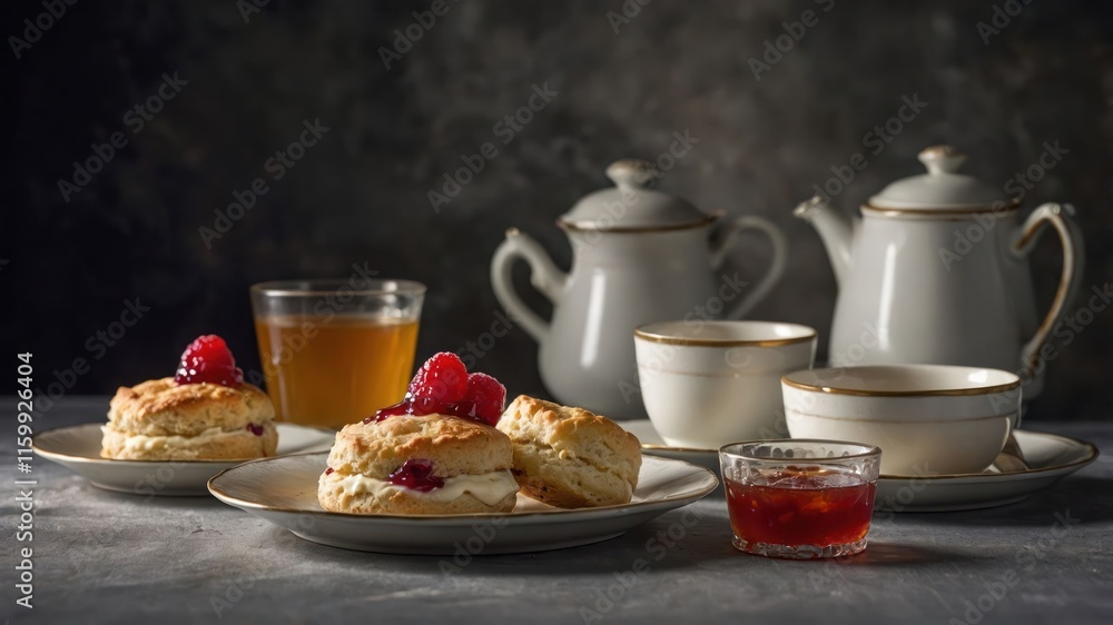 A serene tea setting featuring scones, jam, and tea, perfect for afternoon enjoyment. A serene tea setting featuring scones, jam, and tea, perfect for afternoon enjoyment.