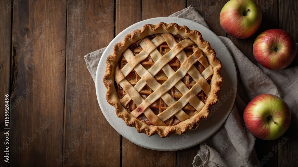 A freshly baked apple pie on a wooden table with fresh apples beside it. A freshly baked apple pie on a wooden table with fresh apples beside it.